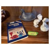 Ice blue hen on nest, kissing couple and Depression Glass reference book