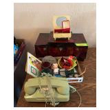 Jewelry and jewelry boxes, green stamps, rotary wall phone, votive holders