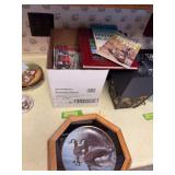 Bass master magazines, framed “Birds of Distinction” plate and other books