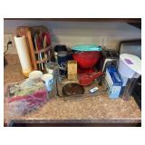 Miscellaneous kitchen items, including stainless steel toaster, colanders, countertop assortment Lazy Susan, hand mixer, Pyrex casserole dish