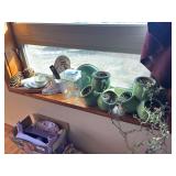 Two green ceramic planters and additional decor items