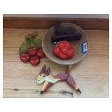 Wood dough bowl, squirrel nutcracker, cherry wall planter, plaster cherry wall hanging, and wooden fox