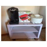 Keurig coffee maker, brownie maker and food dehydrator with purple wood shelf