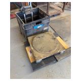 Two moving dollies, additional wood rolling cart and plastic storage tote with wheels