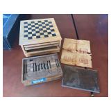 Antique children’s toy "The Walnut Blocks" with original wood storage case and paperwork, and multi game wood box