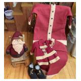 Two Santa Suits for decor and small stuffed Santa w chair
