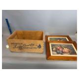A pair of pear prints 14x20 and a wooden Mountain Lake County Bartletts pear box