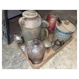 Cream can, clear glass jug, gas can, etc