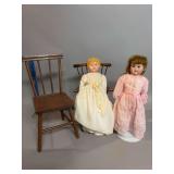 Two old dolls and chairs to go with them. Tin head doll marked Germany 6, Porcelain Germany doll marked A210X