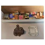 Cast iron match holder, matches and ashtray