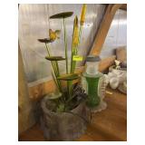 Tabletop fountain and upcycled glass yard art