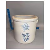 5 gallon Western Stoneware crock, wire bail handles are missing and large chip on one handle