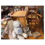 Childs rocking chair, table, sweeper and stuffies