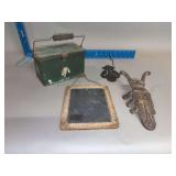 Boot jack, receipt holder, slate and metal box w handle