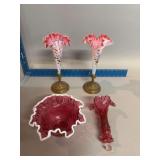 Two matching art glass bud vases, cranberry epergne trumpet and cranberry ruffled edge bowl