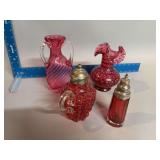 Four pieces cranberry glass different patterns