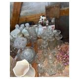 Coca-Cola items, clear glass, unmarked Hull vase (handle chipped), flatware, gold edged milk glass dishes, etc