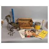 Clermont IA sorghum can, basket, wire chicken and cookbooks