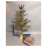 Approx 40” tall feather tree w handmade ornaments and a modern Reindeer Sleigh Rides box