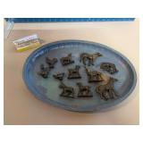 Blue tin tray w cast iron animals