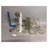Hamilton Beach #25 malt machine, milk bottle, churn jar, beer pitcher (no beer) and pop bottle