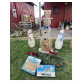 Tin snowmen, John Deere patio lights, wreaths etc...