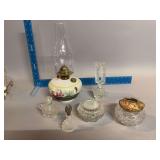 Hair receiver, perfume bottles, trinket holder and oil lamp w hand painted font