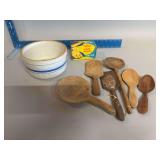 Luana-Monona brand butter box with wooden spoons and blue band stoneware bowl
