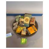 Strainer w many vintage spice tins