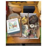 Binoculars, buttons, Lefton flowers, stoneware, etc