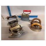 Six irons including one w hinged lid and rooster latch, one w fancy design