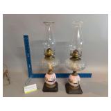 Pair of oil lamps w hand painted bases Approx 20” tall
