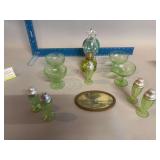 Green depression glass and small oval picture