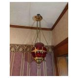 Sanctuary lamp w cranberry shade and brass hanger