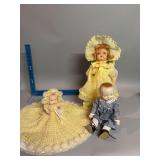 Horseman Composition doll w/sleep eyes, Mohair, smaller composition open mouth doll very old, and dresser doll w/crocheted dress also very old