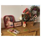 Christmas group includes tray, Father Christmas book, Herschel Mfg Co Peoria Illinois wooden box decorated, picture and wreath