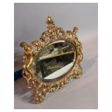 Beveled edge tabletop mirror w brass frame with risqué women 14H x 15L, heavy