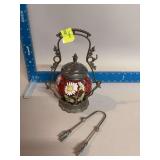 Hand enameled ruby pickle castor w/ tongs