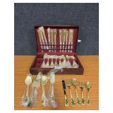 Gold plated “Holly Berry” flatware 5pc service for 12 w/ serving pieces