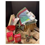 Tree topper, beaded garland, Christmas sewing patterns, flour sacks, two handiwork towels, etc