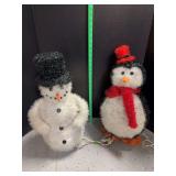 Two tinsel type lighted figures Penguin is missing wings Approx 26” tall