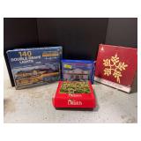 Five boxes various lights-lighted stars on string, ribbon style, rope light snowflake and double drape lights