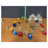 Box of vintage Christmas ornaments including diorama and beaded stars