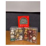 Wicker basket with 2 boxes NEW 26ct shatterproof ornaments and a tree topper