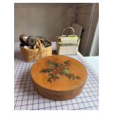 Basket of spools, small hinge lid box and round wood box