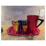 Retro colored aluminum pitcher, glasses and tray set