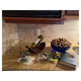Wine corks, blue glass bowl, plate stands, Lenox birds etc...