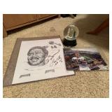 Autographed Bernie Kozad image, Leroy Kelly pencil sketch S/N Linda Fowler 483/500 and Cincinnati snow globe musical