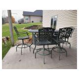 Cast aluminum bar 36 x 72 and (4) 30" barstools