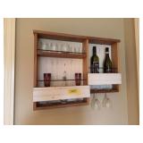 30 x 24 wall shelf and glasses, empty wine bottles